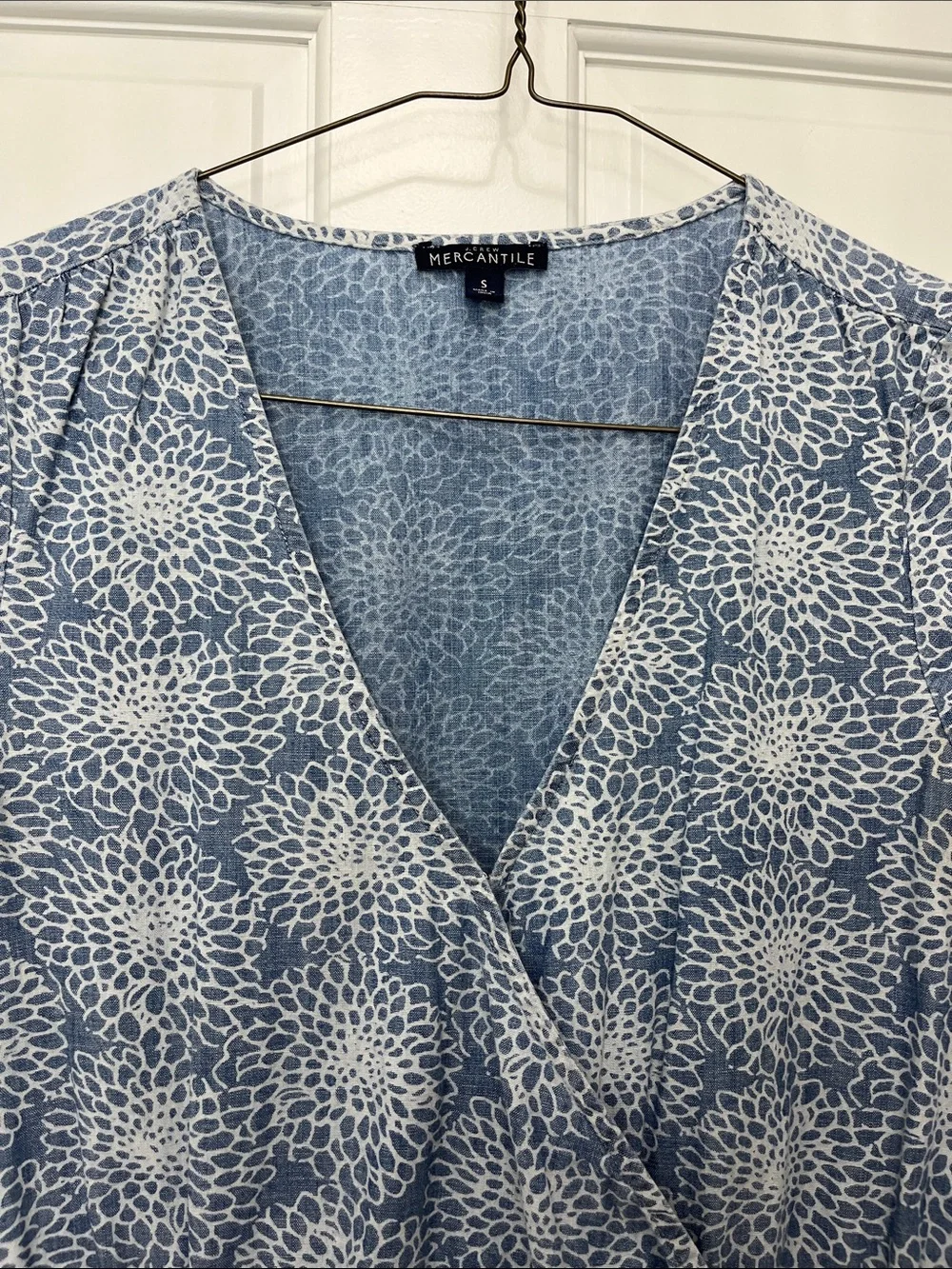 J. Crew Light Blue Denim Floral Printed Faux Wrap Mini Dress - Size Small